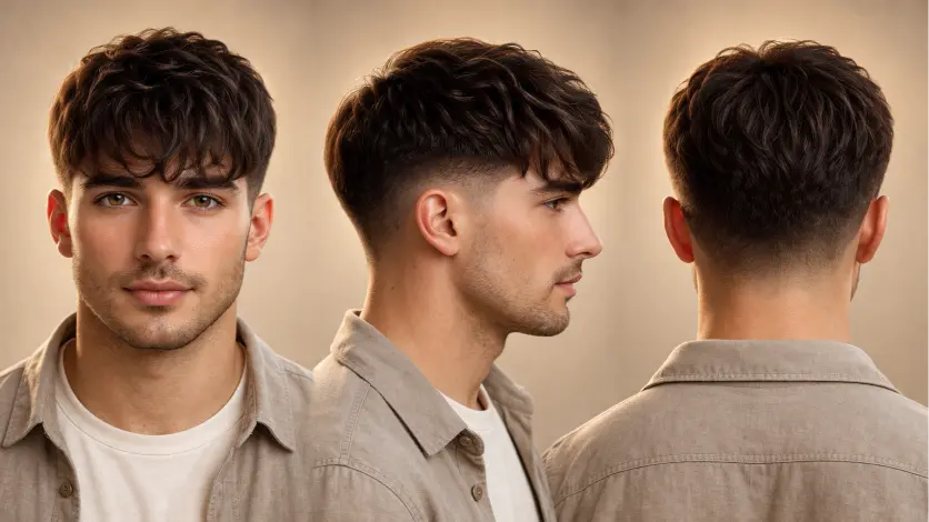 Classic low taper fade with textured fringe on straight hair, showing softly layered fringe and neatly blended sides for a clean everyday look