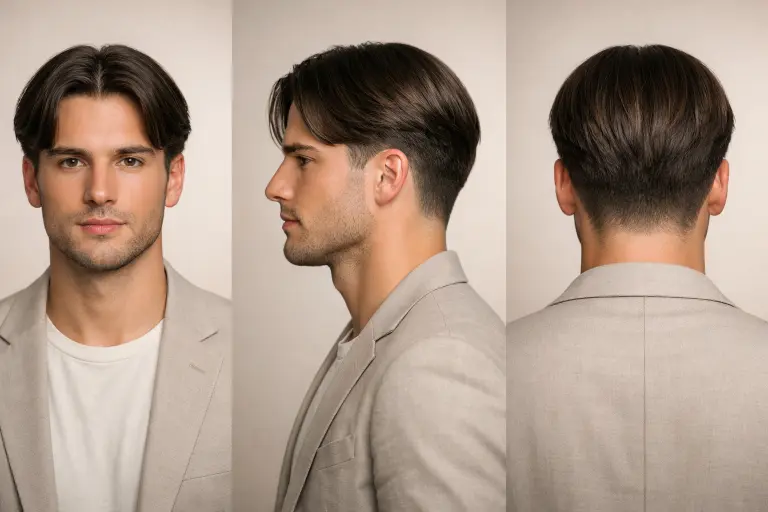 classic middle part taper fade hairstyle for men with straight medium-length hair and low taper around ears for a clean natural finish