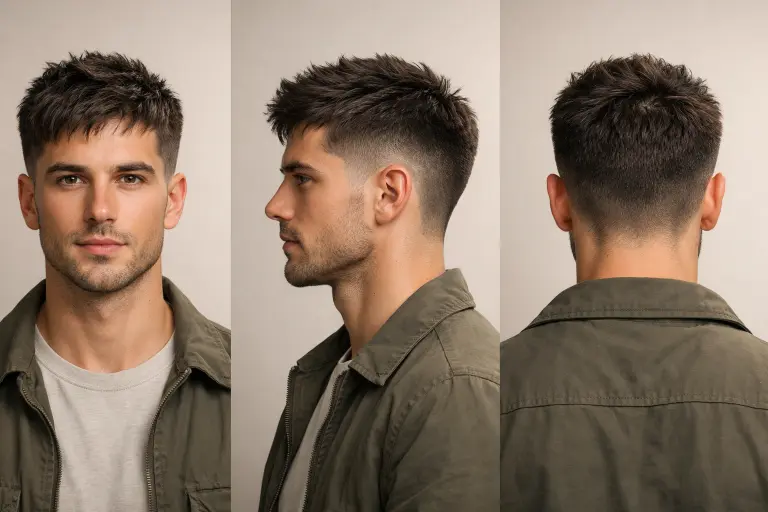 low drop fade with textured crop on straight hair featuring short choppy layers on top and a subtle curved fade around the ears
