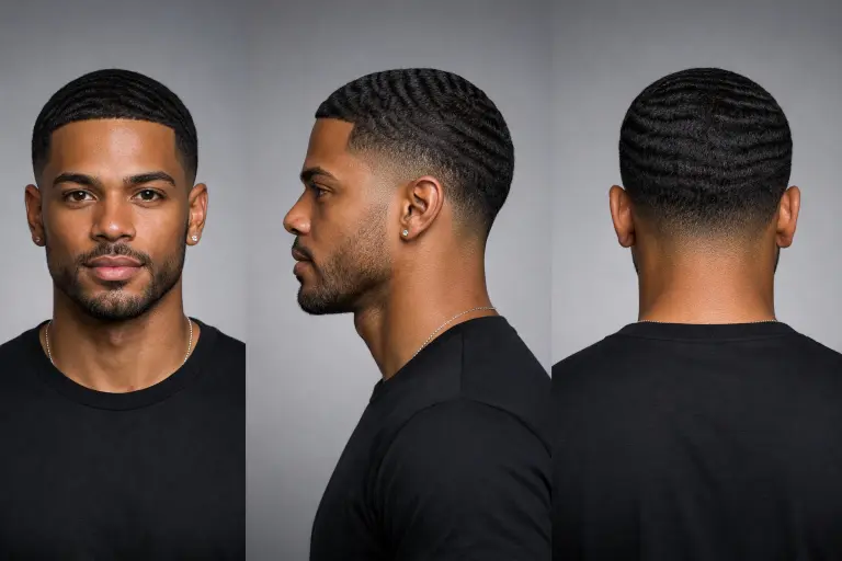 low taper fade with 360 waves on coarse hair, defined ripple pattern on top with clean tapered edges around the neckline