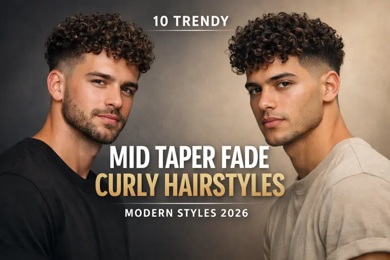 short curly Caesar with mid taper fade for men featuring short forward-styled curls and a neat structured fringe