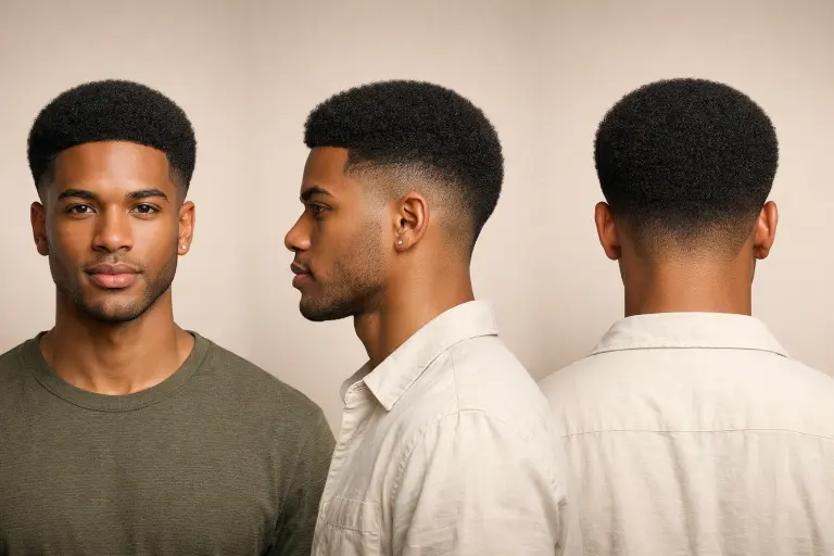 drop fade with comb over on straight hair showing neatly combed top with natural volume and clean curved fade