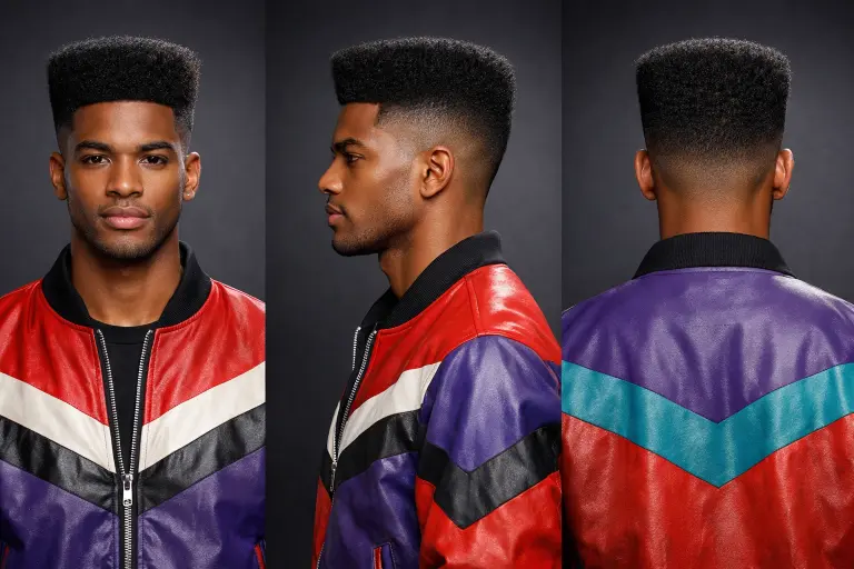 low taper fade with high top, tall structured top with sharp shape and low taper around the neckline and temples