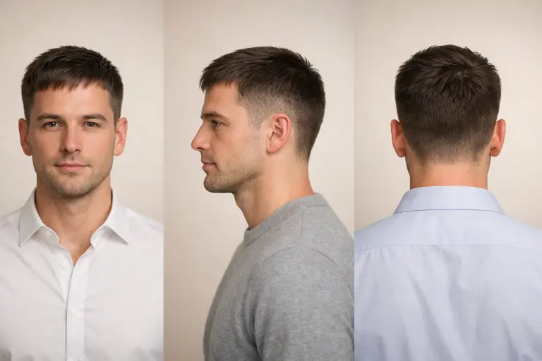 Subtle textured fringe with low taper fade on fine hair, showing light layering and a smooth, professional appearance