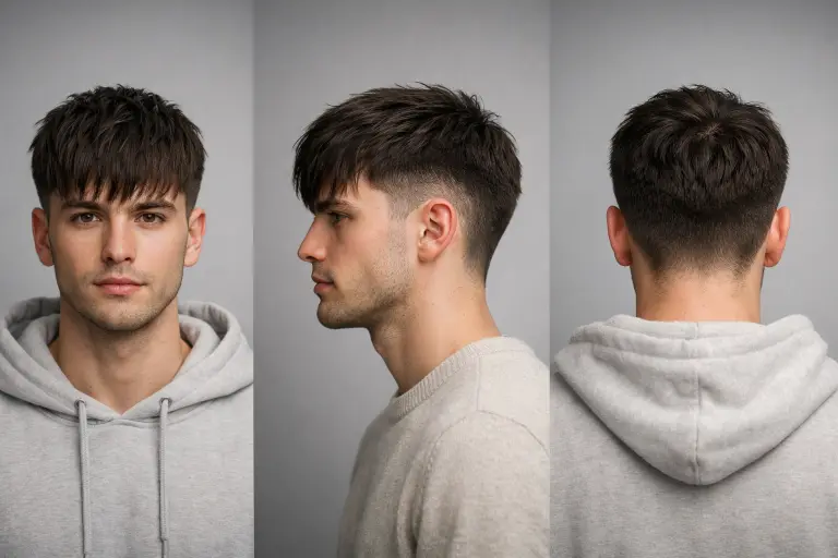 drop fade with fringe on straight hair showing forward styled bangs and soft curved fade along the sides