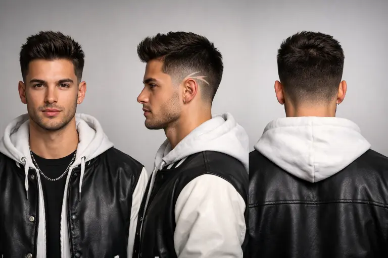 low taper fade with burst design, subtle curved design near the taper area with natural textured hair on top