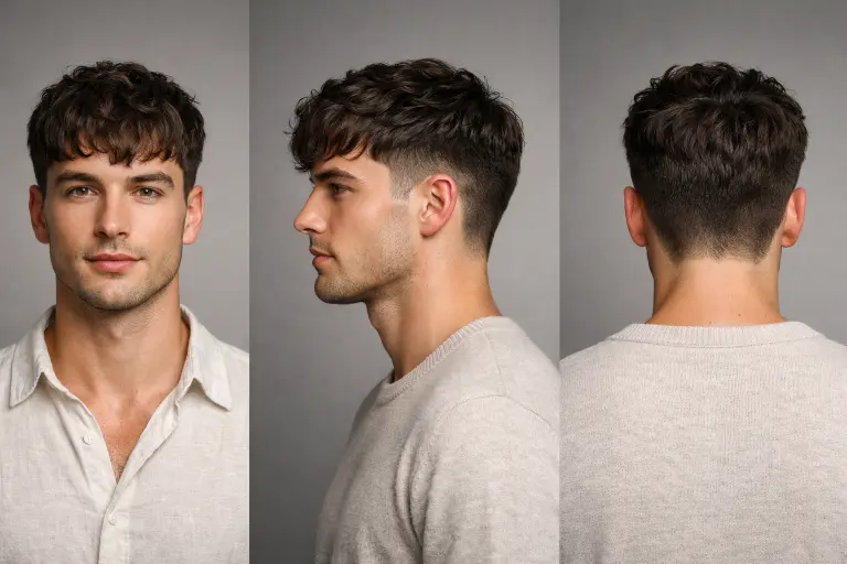 Wavy textured fringe with low taper fade, highlighting natural wave patterns and soft volume at the front