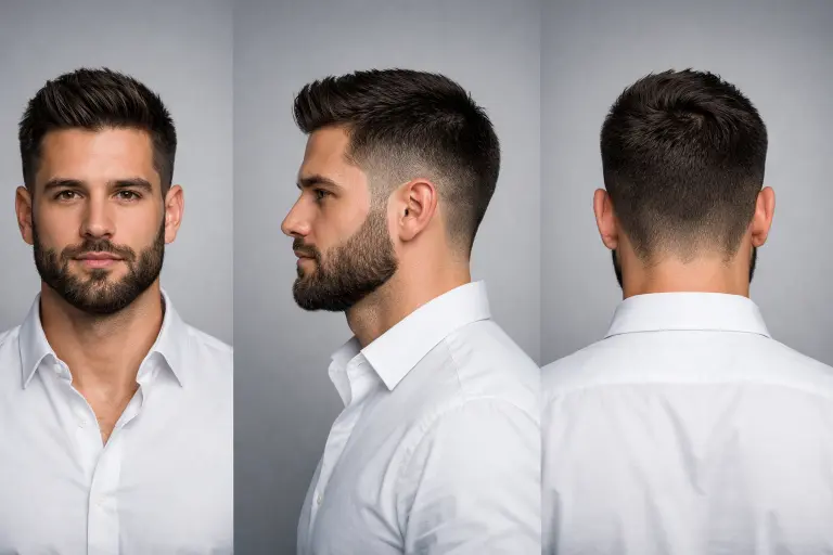 low taper fade with beard blend, smooth transition from tapered sides into a full, well-groomed beard