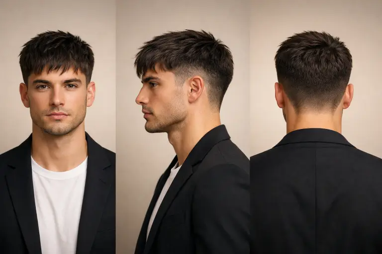 Razor-cut textured fringe with low taper fade on straight hair, featuring feathered ends and a lightweight, airy finish