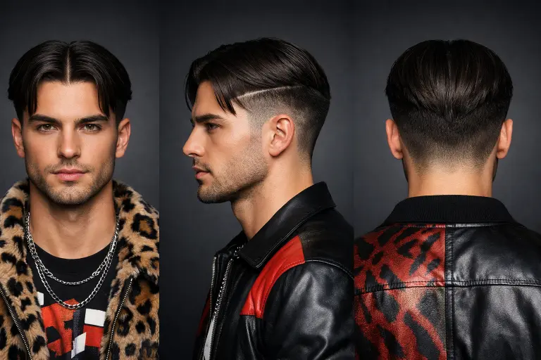 middle part taper fade hairstyle with hard part detail featuring straight hair and a shaved center line for sharp definition
