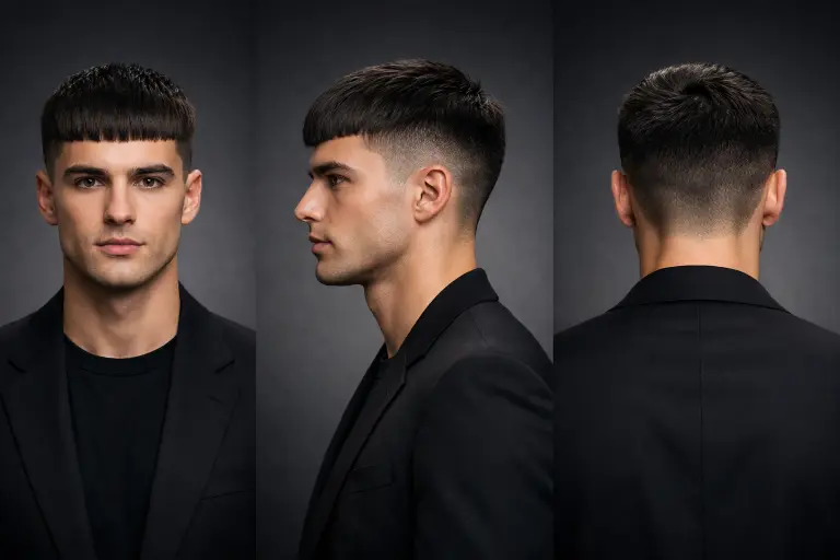 Blunt textured fringe with low taper fade on thick hair, showing a straight-across fringe with internal texture for movement
