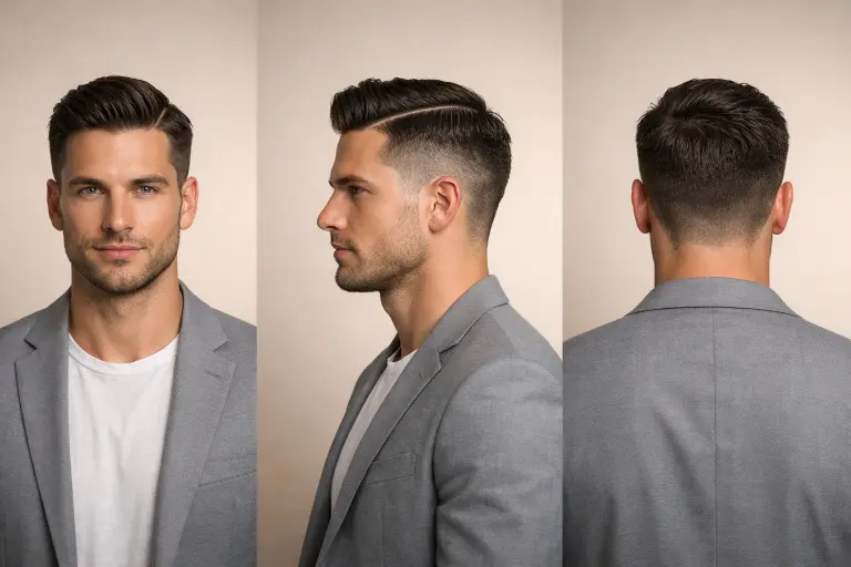 low taper fade with defined part line, clean shaved part separating the top from the sides with a low taper finish