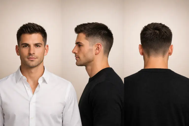 low drop fade with taper finish showing natural neckline blend and soft fade for a subtle clean appearance