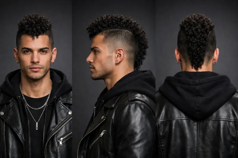 low taper fade with mohawk style, longer strip of coily hair through the center with low tapered sides