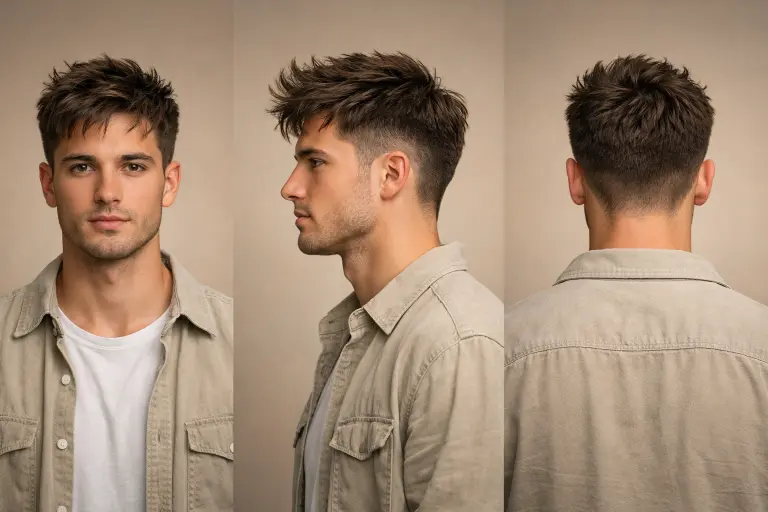 Tousled textured fringe with low taper fade, styled with lifted, slightly messy volume and natural separation