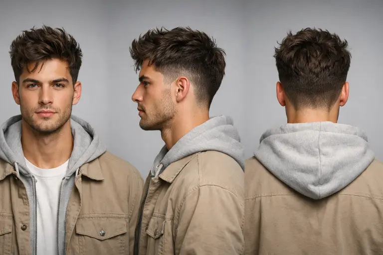 drop fade with long textured top on wavy hair showing loose natural movement with balanced curved fade on the sides