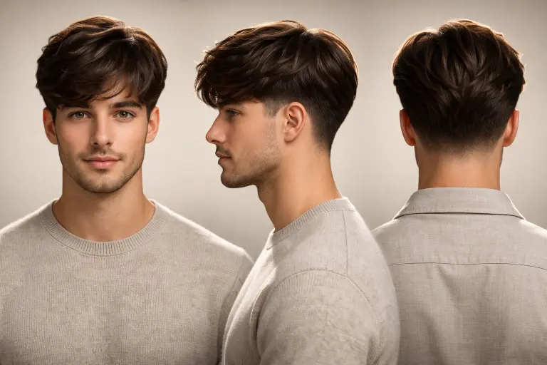 Layered textured fringe with low taper fade on medium hair, featuring multiple layers creating depth and soft flow at the front