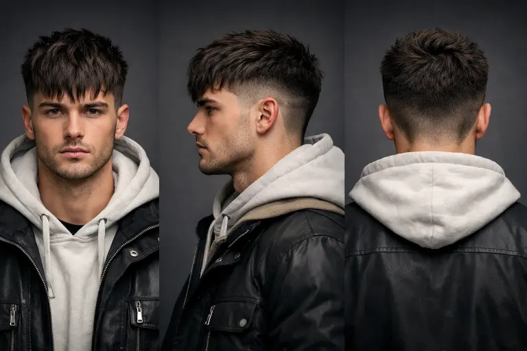 Classic low taper fade with textured fringe on straight hair, showing softly layered fringe and neatly blended sides for a clean everyday look