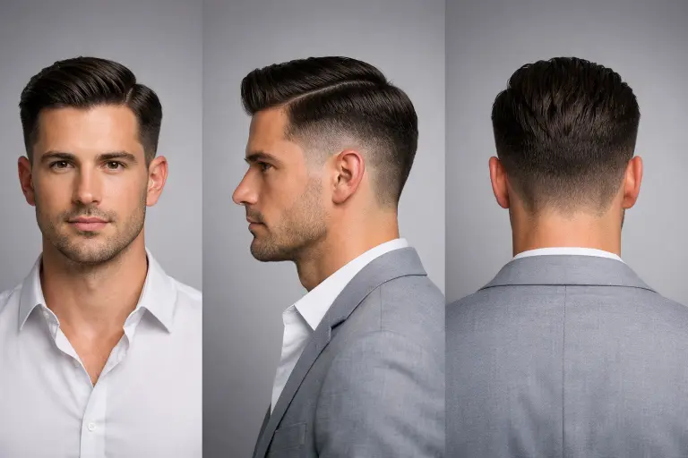 mid drop fade with side part on medium-density hair showing clean parting with neatly combed top and defined curved fade