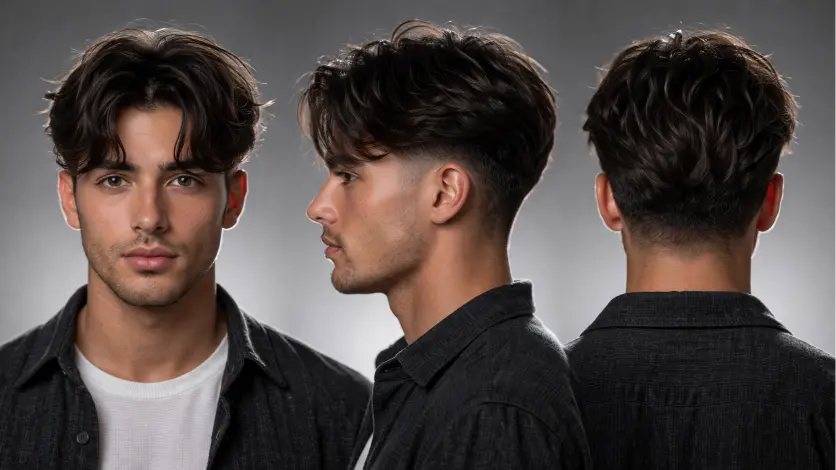 textured middle part taper fade hairstyle with layered wavy hair and mid taper fade adding movement and volume on top
