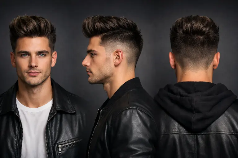 mid drop fade with side part on medium-density hair showing clean parting with neatly combed top and defined curved fade