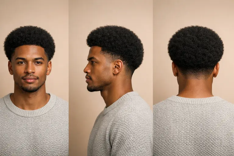 low taper fade with rounded afro, thick textured hair shaped evenly with subtle taper at the temples and neckline