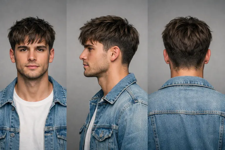 Low taper fade with heavy textured fringe on thick hair, featuring chunky layers and full volume at the front with tight faded sides
