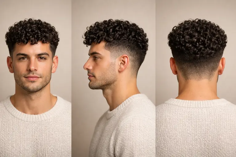 high drop fade with voluminous quiff on thick hair featuring lifted front and sharp faded sides that curve behind the ear