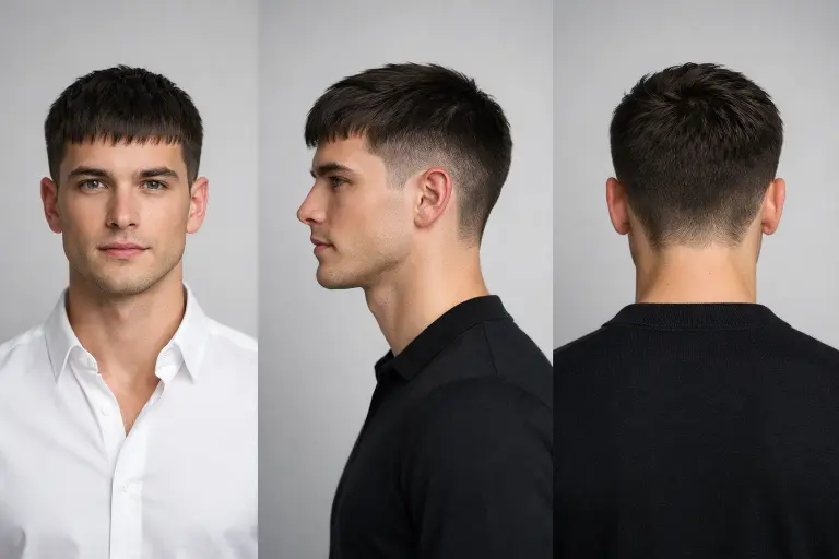 Messy low taper fade with textured fringe on wavy hair, styled loosely with uneven layers and a relaxed, natural finish