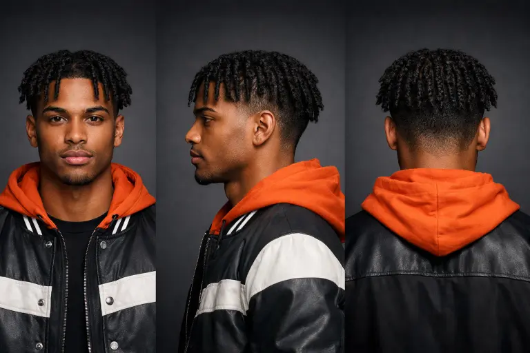 low taper fade with two strand twists, medium-length coily hair styled into twists with clean tapered edges