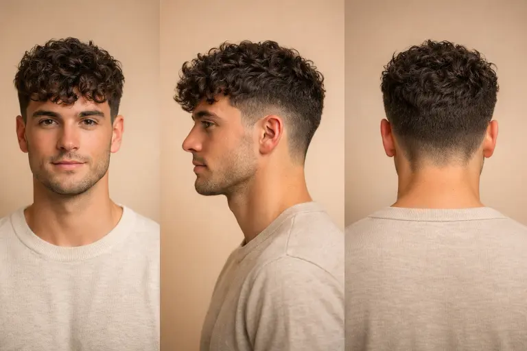 Short textured fringe with low taper fade on fine straight hair, showing a neat, cropped fringe and subtle texture with clean sides