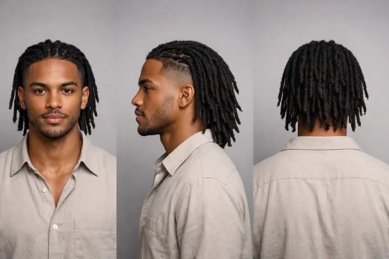 low taper fade with dreadlocks, long locs on top with neatly trimmed taper around the ears and neckline