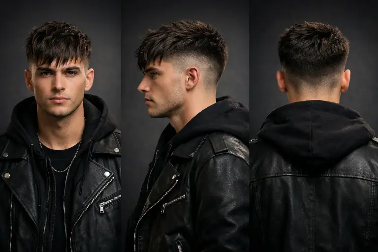 Curly low taper fade with textured fringe, highlighting natural curls forming a soft fringe with controlled tapered sides