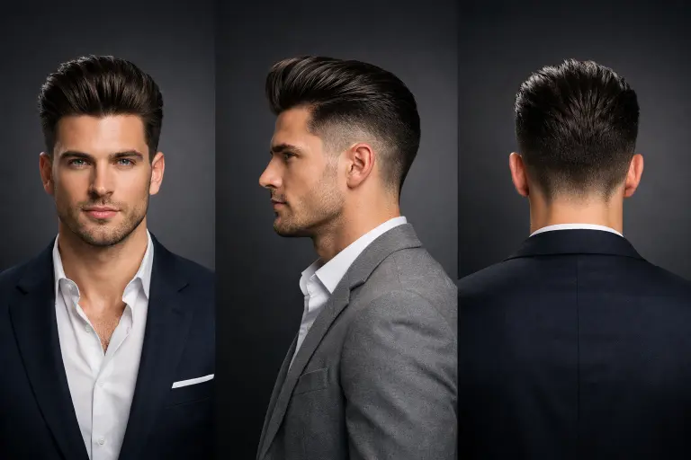 drop fade with slick back hairstyle on straight hair featuring medium length hair brushed back with clean tapered sides