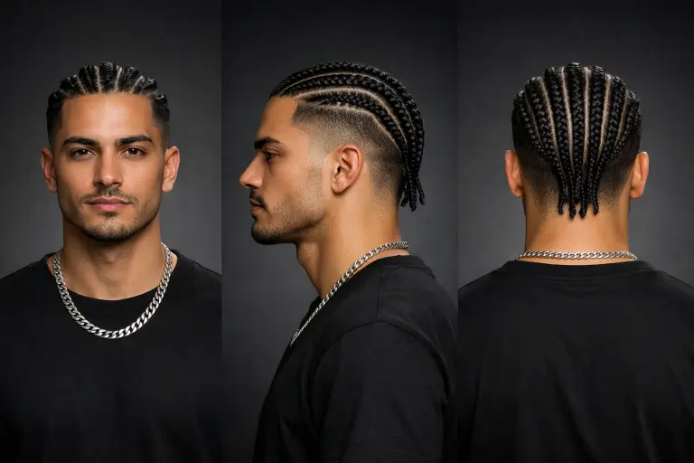 low taper fade with cornrows, neatly braided rows with clean tapered sides and defined edges around the hairline