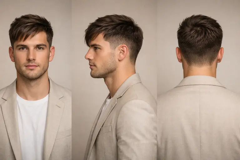 Disconnected low taper fade with textured fringe, featuring a sharp contrast between short faded sides and long, textured top