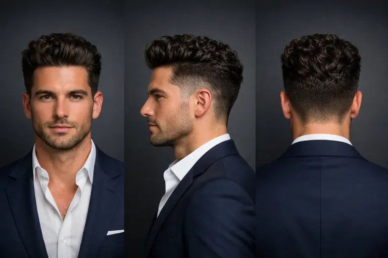 curly pompadour mid taper fade for men with lifted curls styled upward and back paired with sharp tapered sides