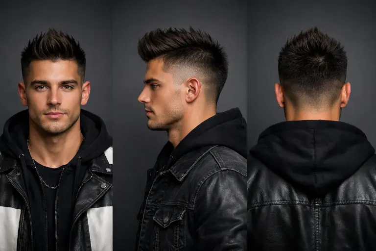 drop fade with pompadour on thick hair showing high volume front and sharp curved fade creating strong contrast