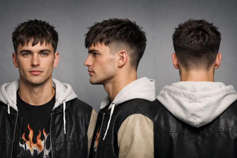 Side-swept textured fringe with low taper fade on straight hair, showing angled fringe across the forehead with smooth blending