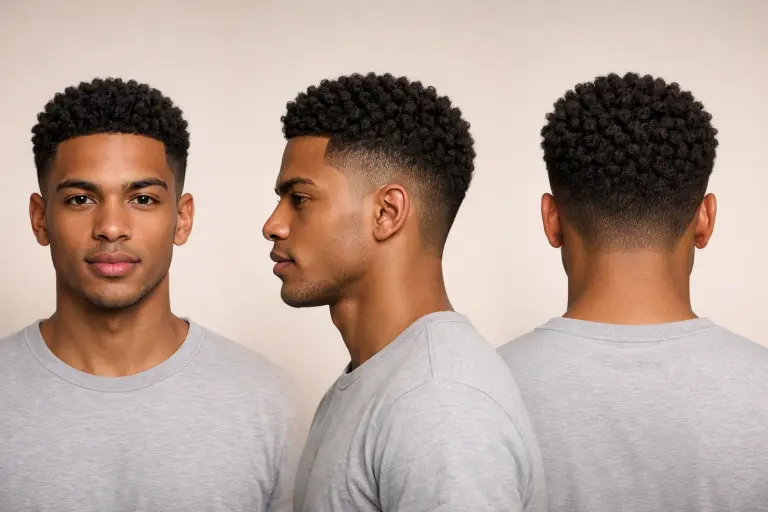 low taper fade with sponge curls, short coily hair styled into small uniform curls with a clean taper around the edges