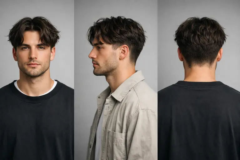 messy middle part taper fade hairstyle with thick textured hair styled loosely for a casual tousled look
