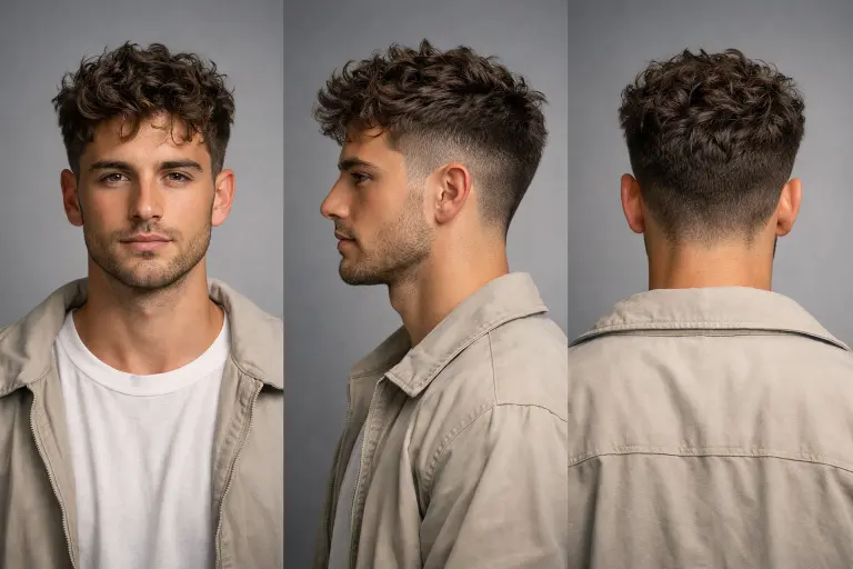 classic mid taper fade curly hair style for men with medium length curls on top and smoothly blended sides for a clean balanced look