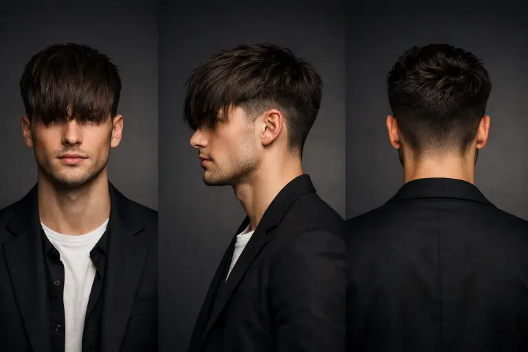 Long textured fringe with low taper fade on thick hair, featuring extended fringe covering the forehead with natural movement