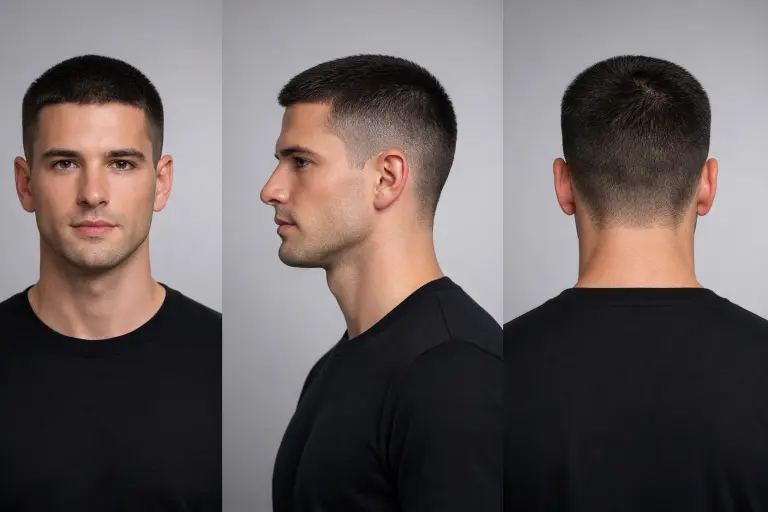 low taper fade with short crop, evenly cut short hair on top with subtle taper blending at the sides and back