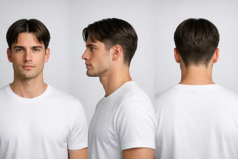 short middle part taper fade hairstyle for men with straight hair and subtle taper keeping the style clean and minimal
