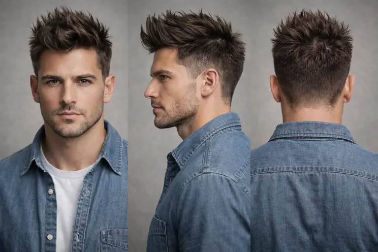 Collection of faux hawk haircuts for men showing different lengths, fades, and textures with volume styled through the center