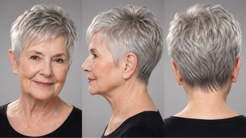 Elegant short and layered hairstyles for women over 80 showcasing soft volume, natural gray hair, and easy-to-maintain flattering cuts
