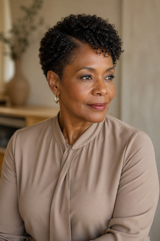 Confident older Black woman with natural gray curls in a stylish wash-and-go hairstyle, showcasing low-maintenance beauty and elegance