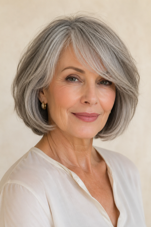 Hairstyles for women over 60 with bangs featuring layered bobs, pixie cuts, and soft fringes that flatter mature faces and fine hair