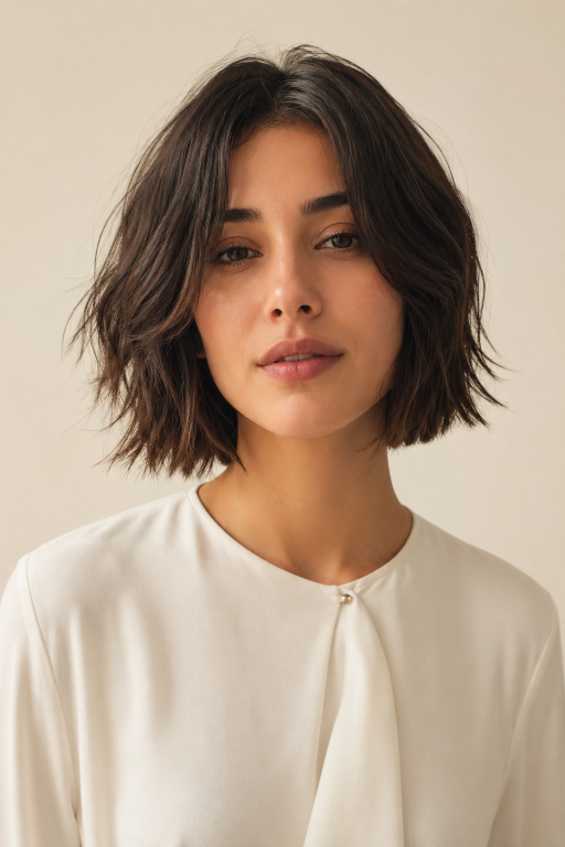 Short shaggy bob haircut with textured layers and effortless volume for modern women